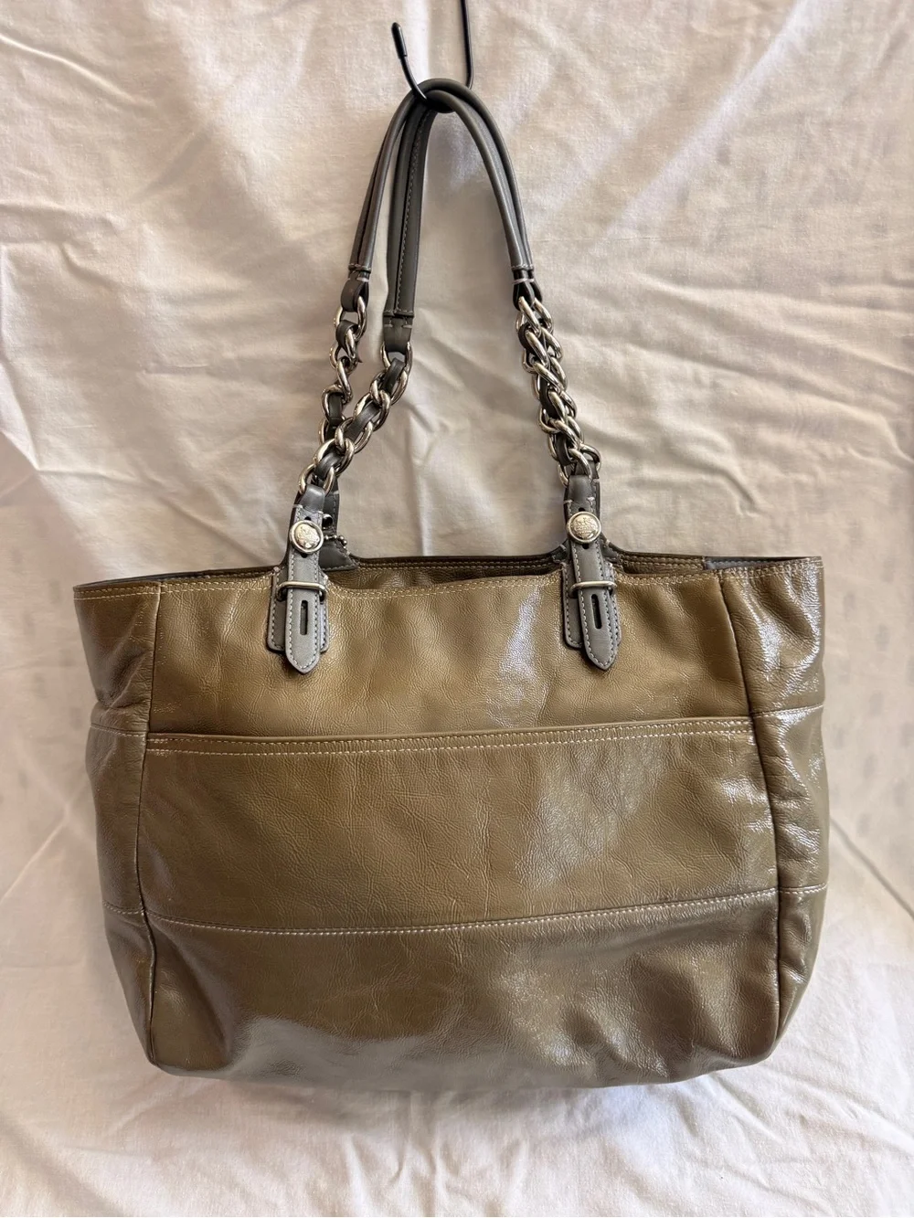 Coach Olive Leather Tote with Chain-Detail Handles